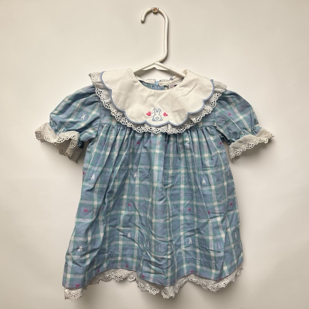 Vintage Good Lad Blue Plaid Embroidered Bunny Dress Baby Girl 18 Mo Lace Easter